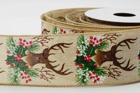 Reindeer  Holly Leaves Ribbon-KF6731GC-13-183_Natural